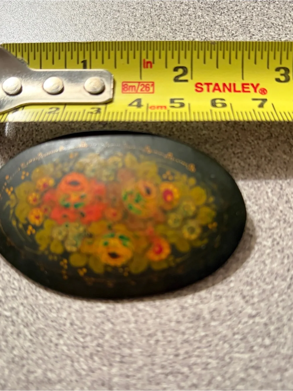 Vintage authentic Russian Floral Black Lacquer Brooch Pin Signed Hand Painted